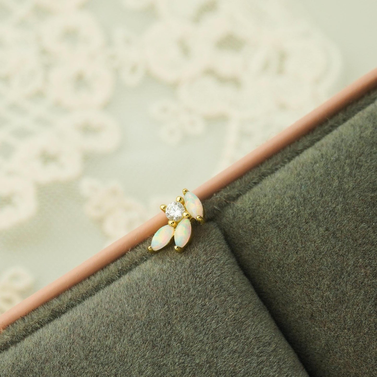 1 pc of Fire Opal Marquise Leaf & CZ Stud Earring in Gold Plated over Sterling Silver