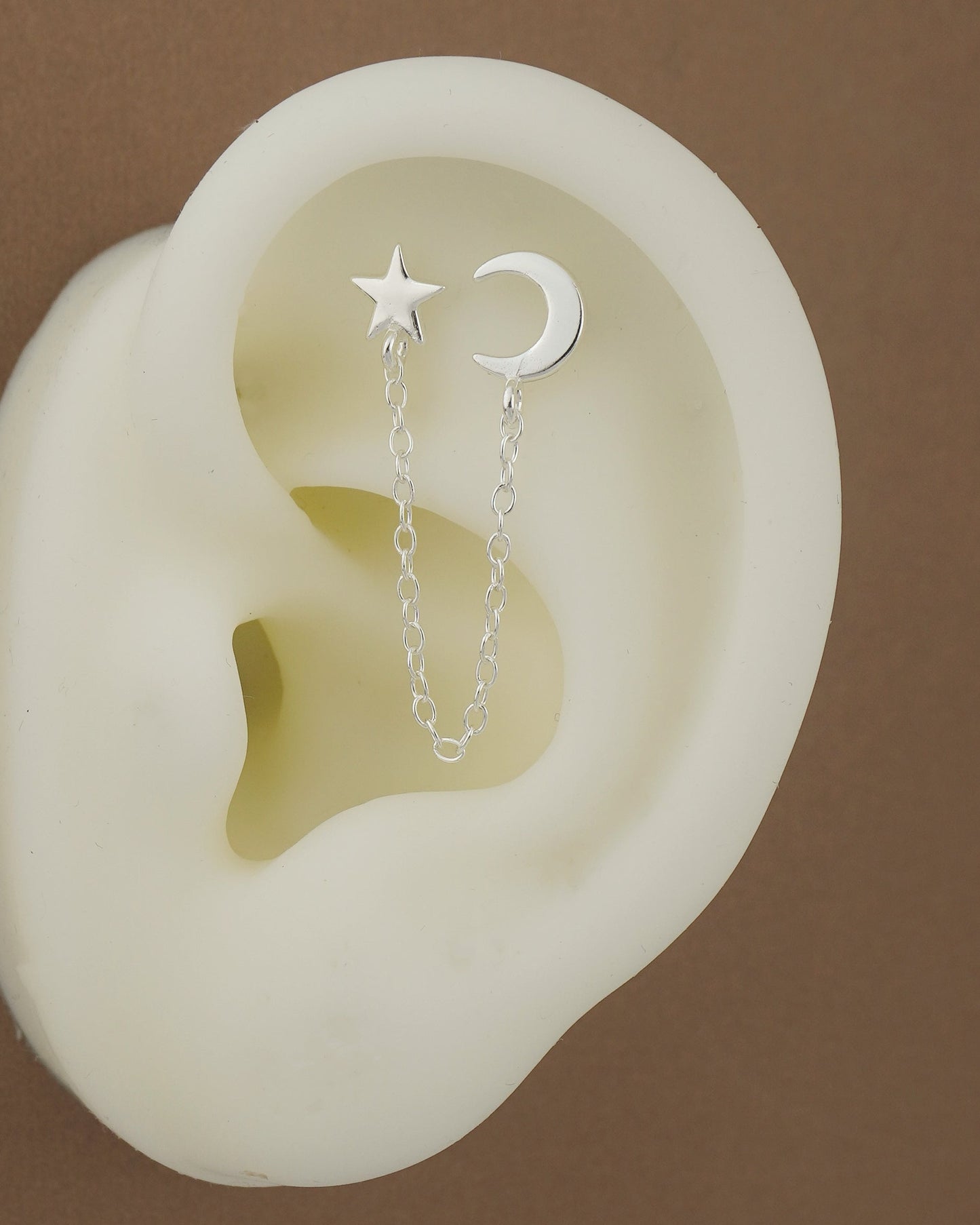 1 pc of Tiny Crescent Moon and Star on Link Chain Duo Stud Earring in Sterling Silver