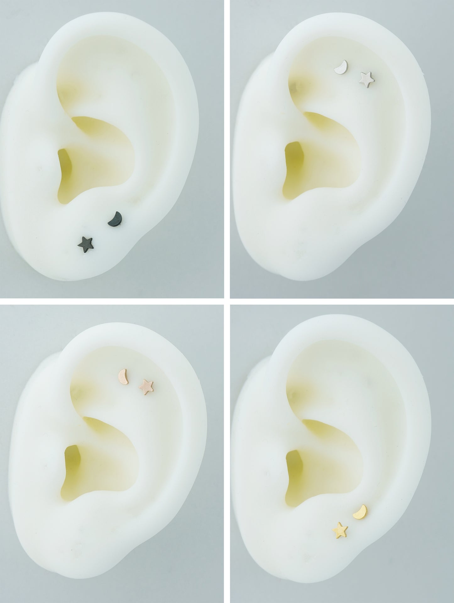 Pair of Tiny Star and Crescent Moon Stainless Steel Stud Earrings in Steel, Black, Gold or Rose Gold, Flat Screw Back, 6mm or 8mm post