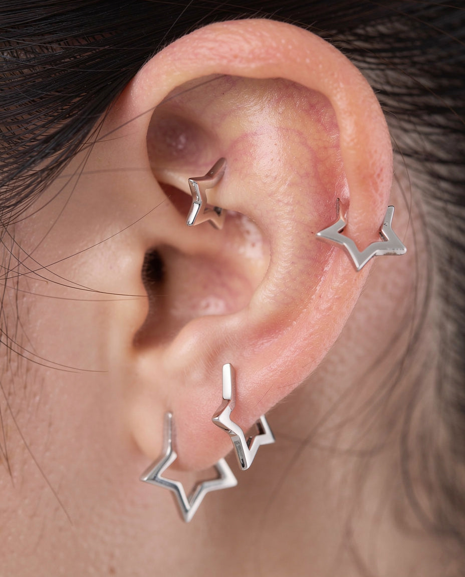 Pair of Brass Star Huggie Hoop Earrings in Silver or Gold Finish, 4 Loop Sizes Available