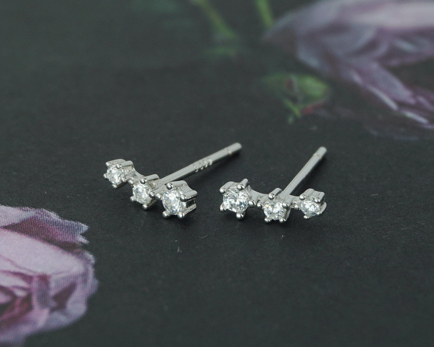 Pair of Tiny Trio CZ Sterling Silver Stud Earrings in Rhodium, 18ct Gold or Rose Gold Plated