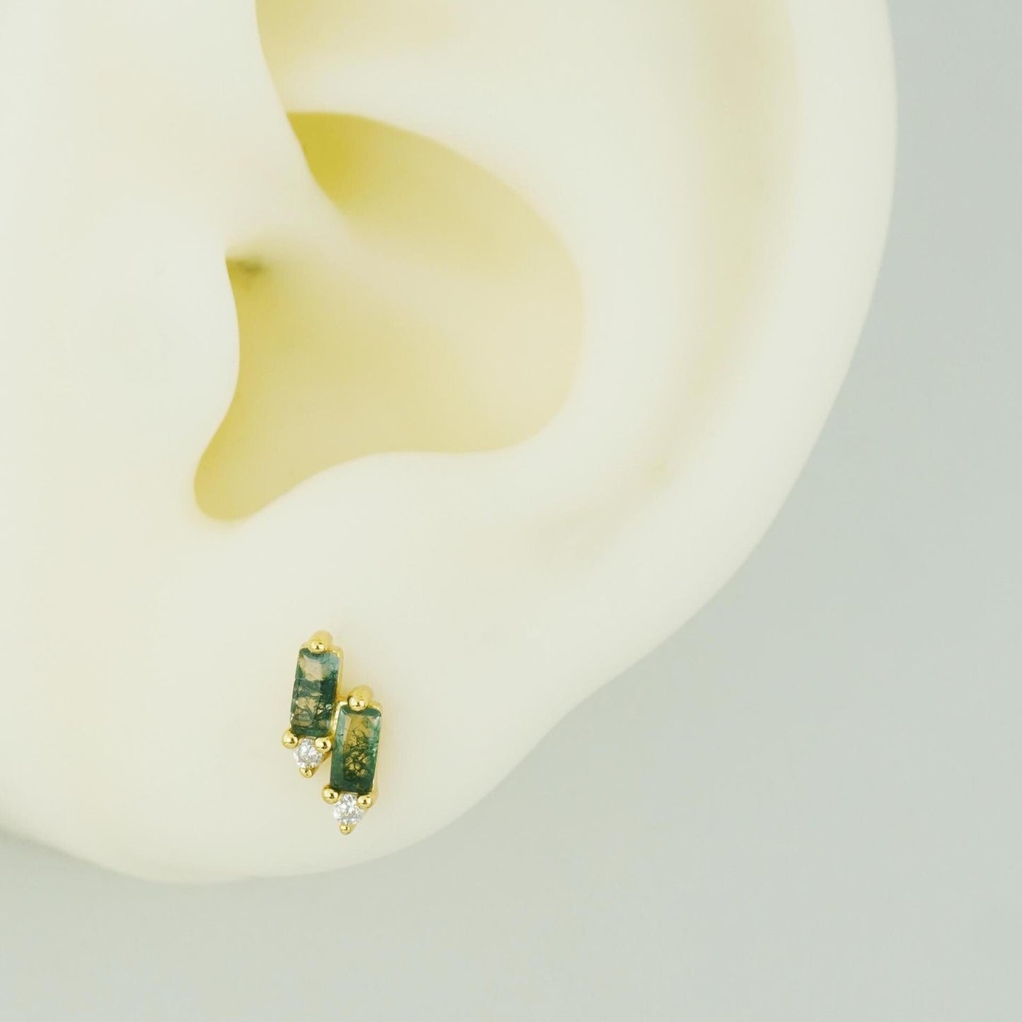 1 pc of Natural Green Moss Agate Double Baguette Stud Earring in Gold Plated over Sterling Silver