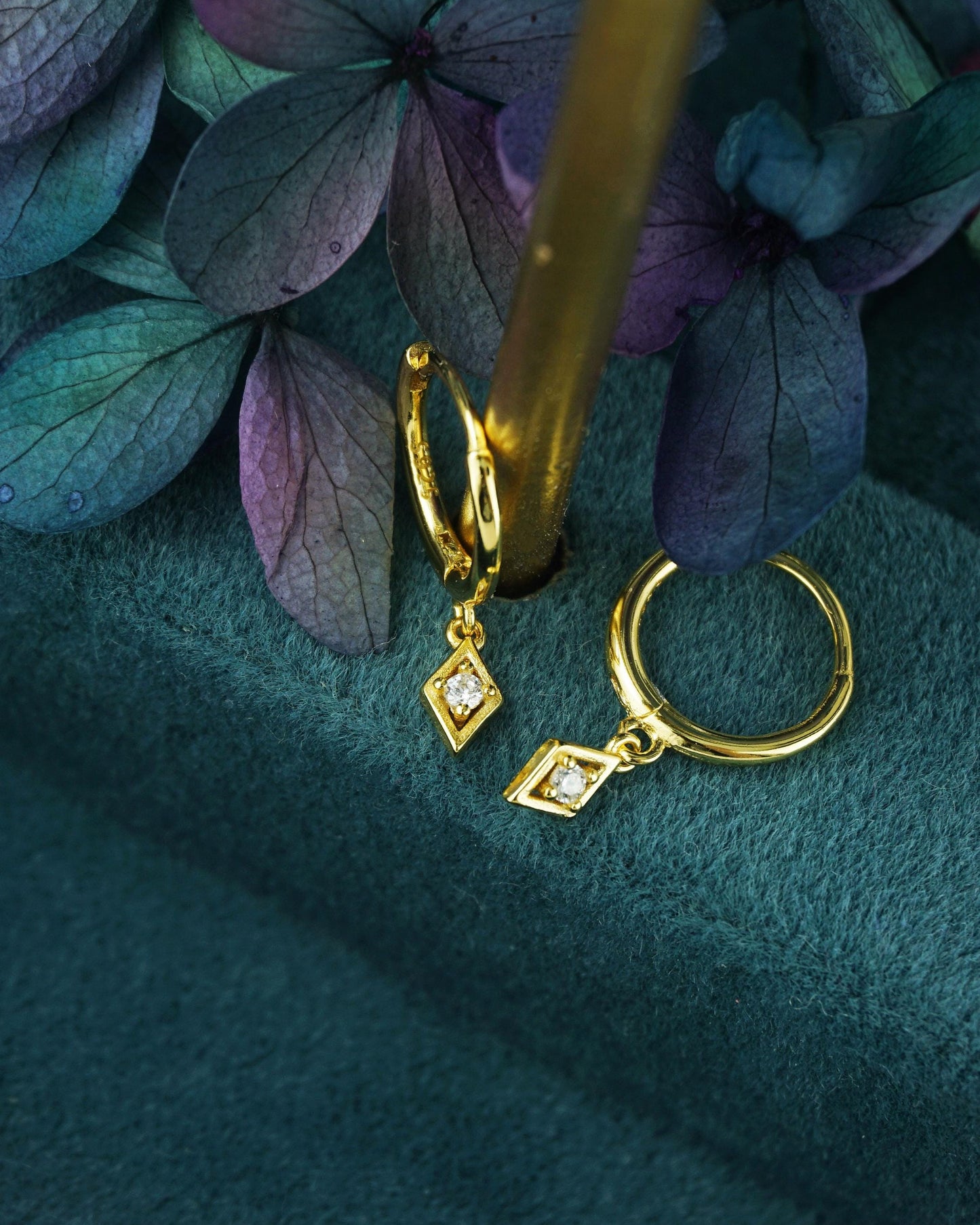 Pair of Tiny Dangle Diamond Shaped Charm CZ Huggie Hoop Earrings in 925 Sterling Silver or Plated Gold