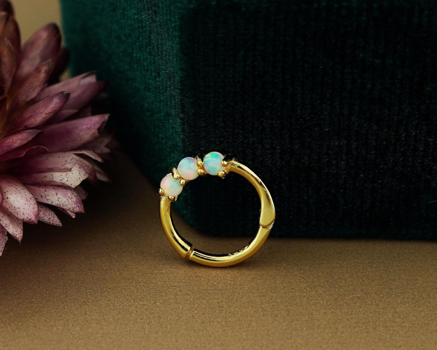 1 pc of 16G Hinged Fire Opal Daith Earring Hoop in 18ct Gold Plated over Sterling Silver, Helix Cartilage Clicker