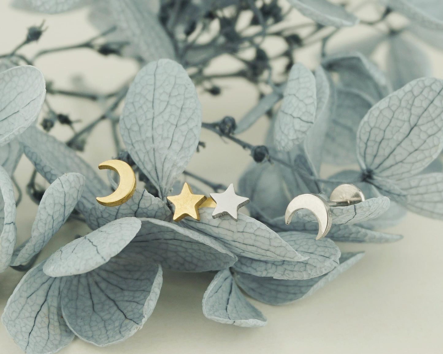Pair of Stainless Steel Tiny Crescent Moon & Star Push-in Stud Earrings in Steel or Gold