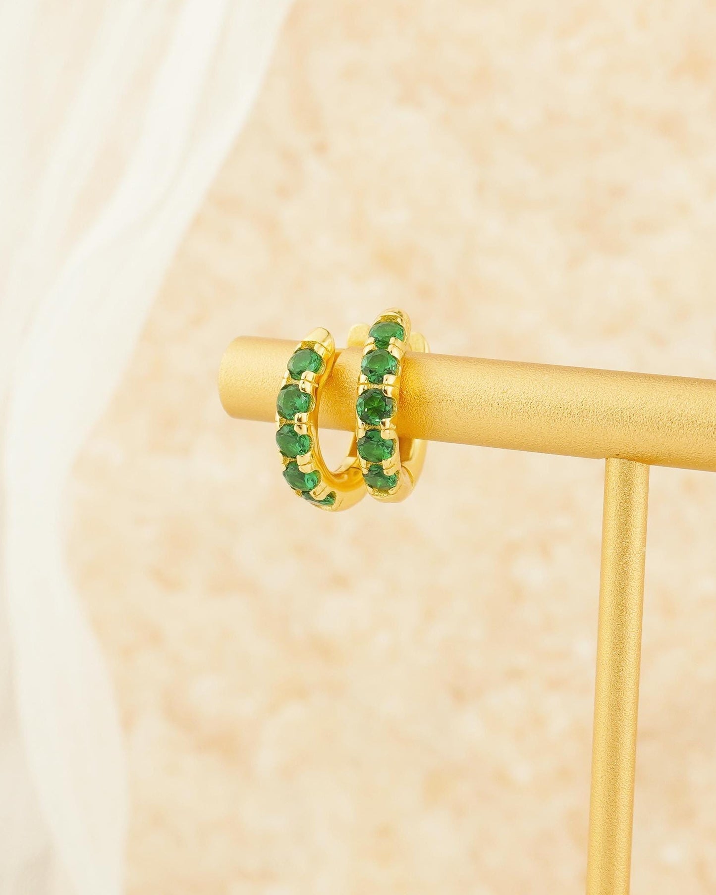 Pair of Emerald Green CZ Huggie Hoop Earrings in Sterling Silver or 18ct Plated Gold