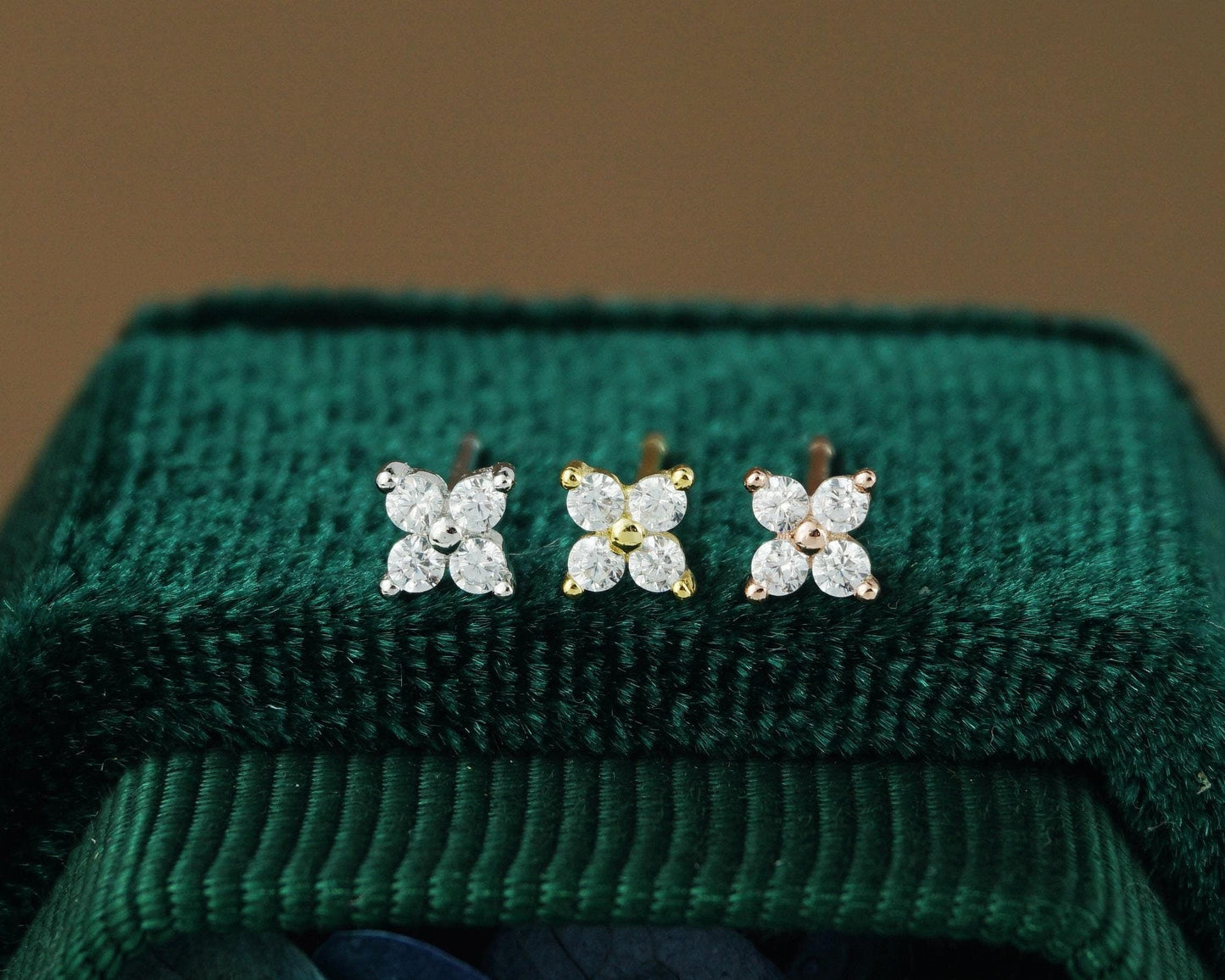 Pair of Tiny Quartet CZ Stud Earrings in Sterling Silver, Gold or Rose Gold Finish, Sparkly Hydrangea Flower Ear Lobe Piercing