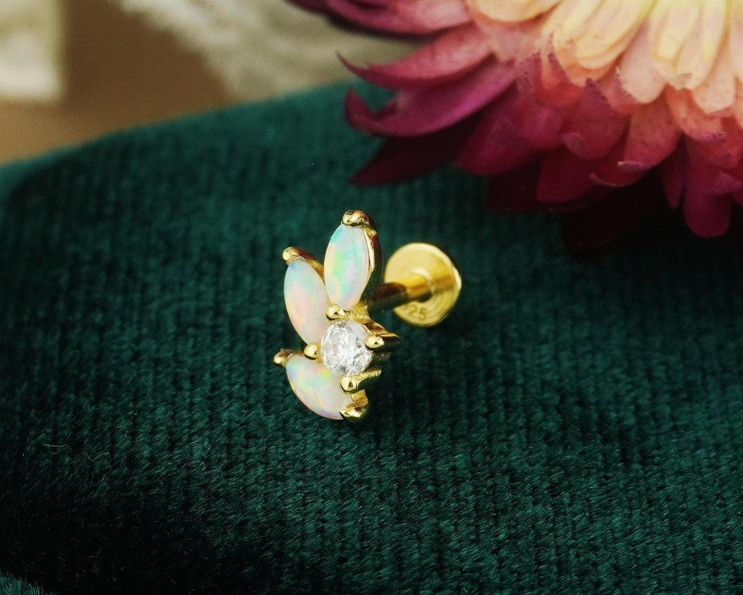 1 pc of Fire Opal Marquise Leaf & CZ Stud Earring in Gold Plated over Sterling Silver