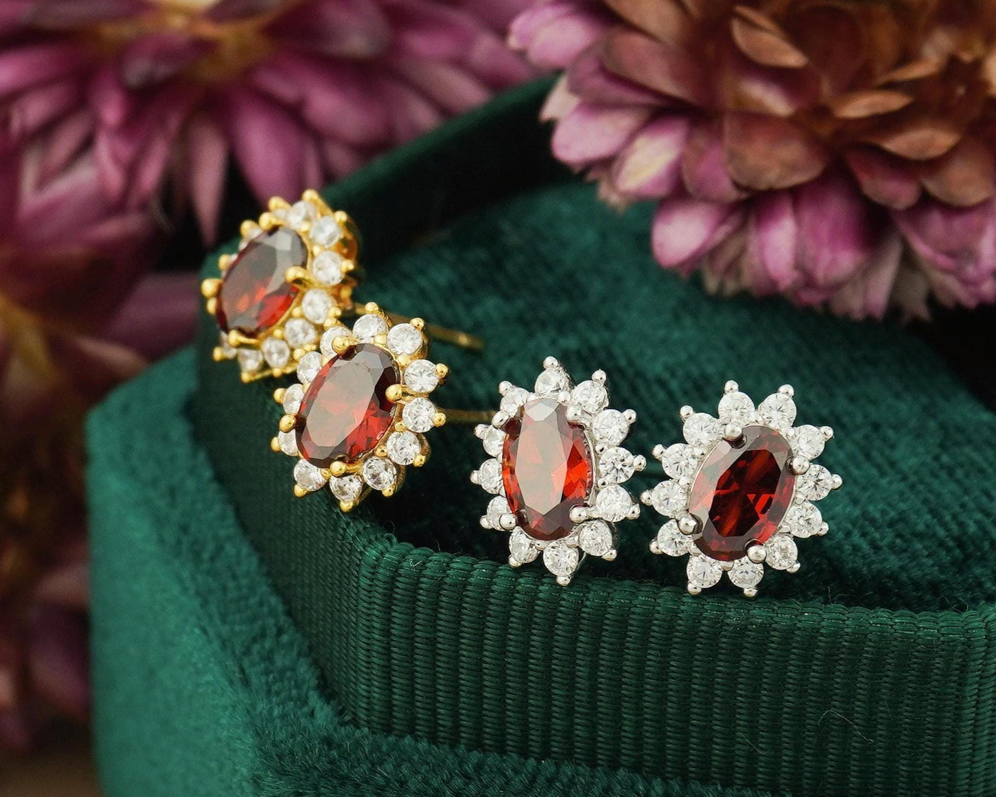 Pair of Halo Oval Red CZ Stud Earrings in 18ct Gold Plated or Sterling Silver