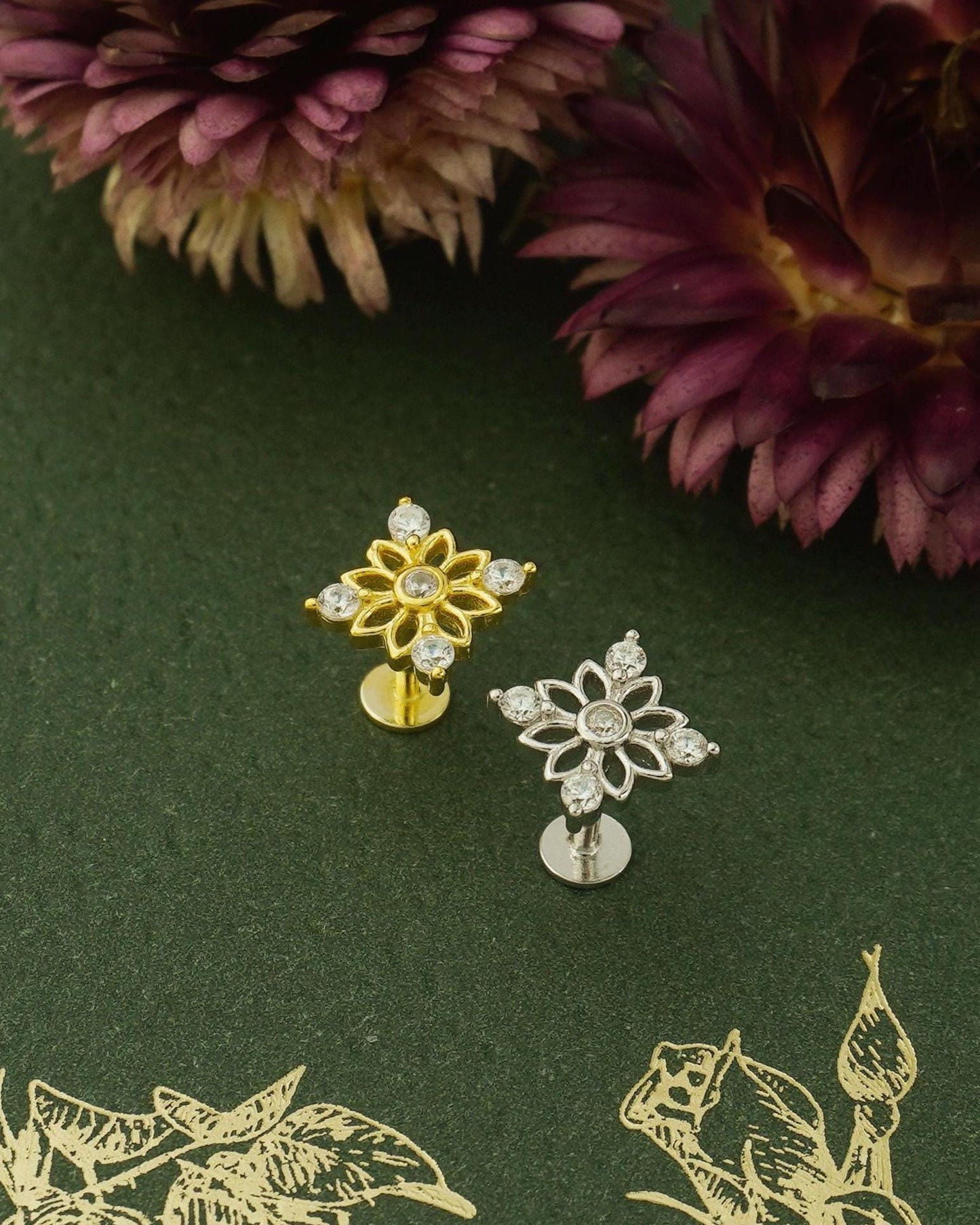 1 pc of Sterling Silver Floral Stud with CZ Design in Rhodium or 18ct Gold Plated, Flat Screw Back