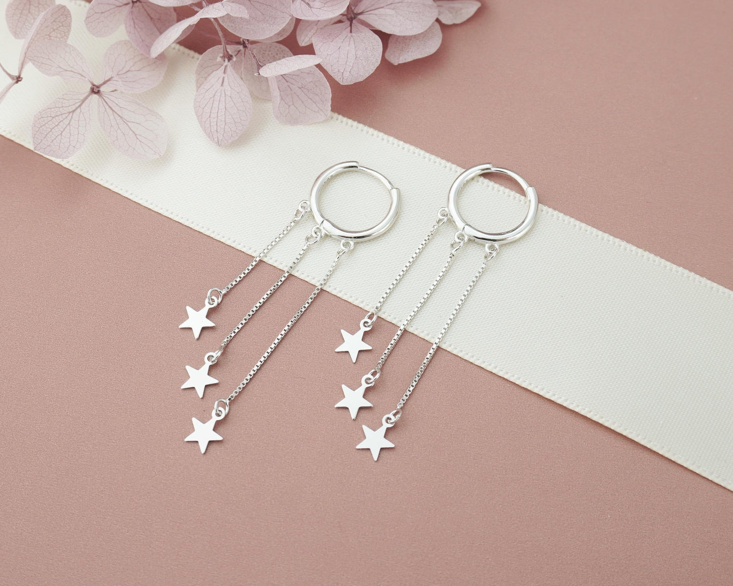 Pair of Trio Stars Huggie Hoop Earrings in Sterling Silver, Dangly Celestial Charm, Dainty Tassel Triple Chain Ear Jewelry