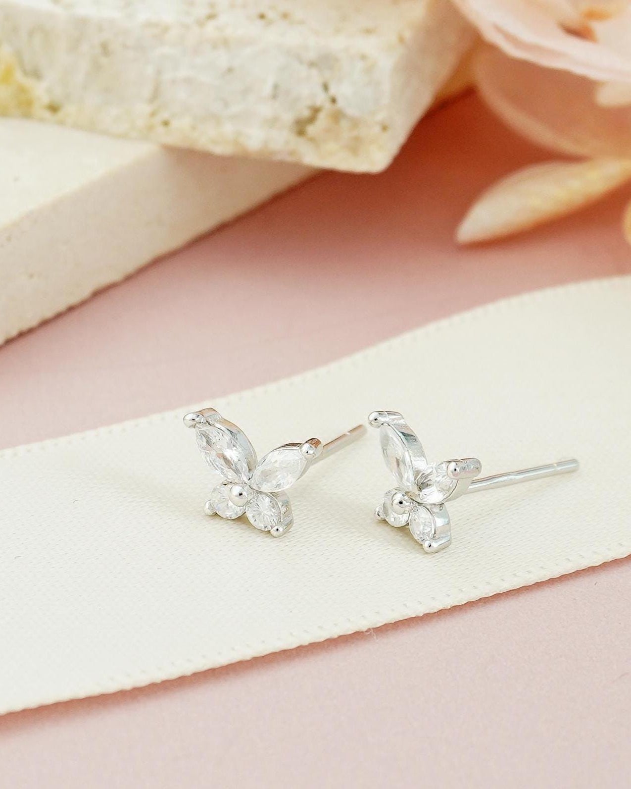 Pair of CZ Butterfly Stud Earrings in Sterling Silver or Gold Plated, Marquise Gem Nature Inspired Jewelry