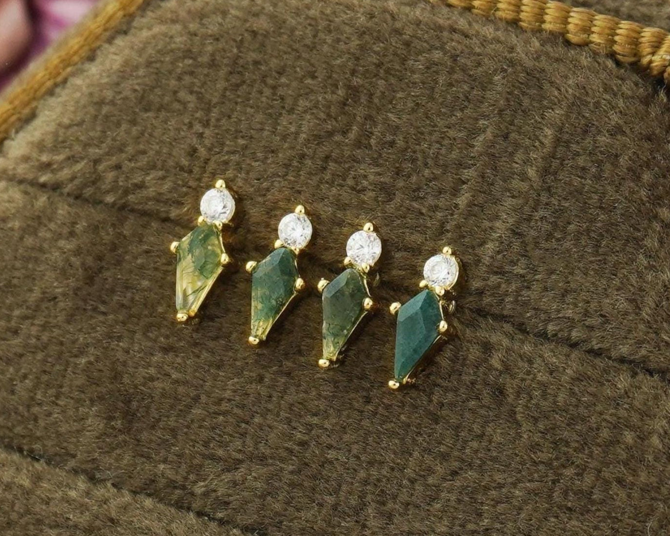 1 pc of Natural Green Moss Agate Kite Shape Flat Back Stud Earring in Gold Plated over Sterling Silver, Helix Tragus Cartilage Piercing Jewelry
