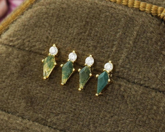 1 pc of Natural Green Moss Agate Kite Shape Flat Back Stud Earring in Gold Plated over Sterling Silver, Helix Tragus Cartilage Piercing Jewelry
