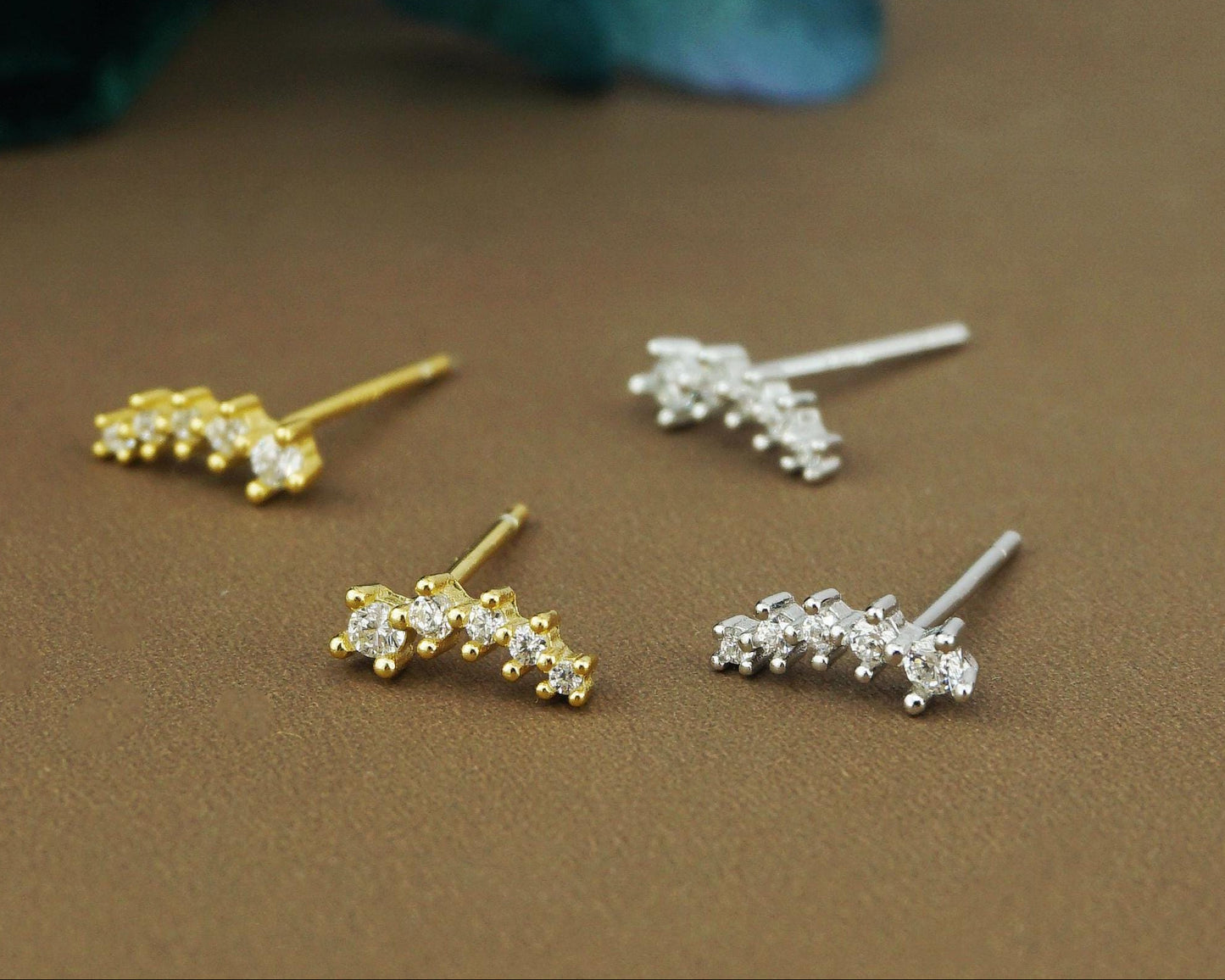 Pair of Sterling Silver 5 CZ Stud Earrings in Rhodium, Rose Gold or 18ct Gold Plated, Sparkly Star Climber