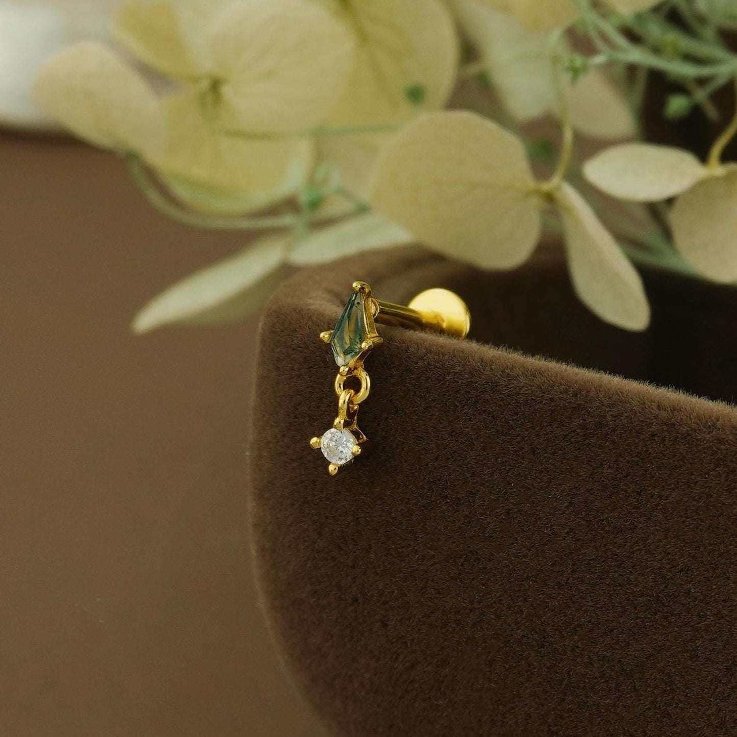 1 pc of VERY TINY Natural Green Moss Agate Kite Shape with Dangly CZ Stud Earring in Sterling Silver / Plated Gold