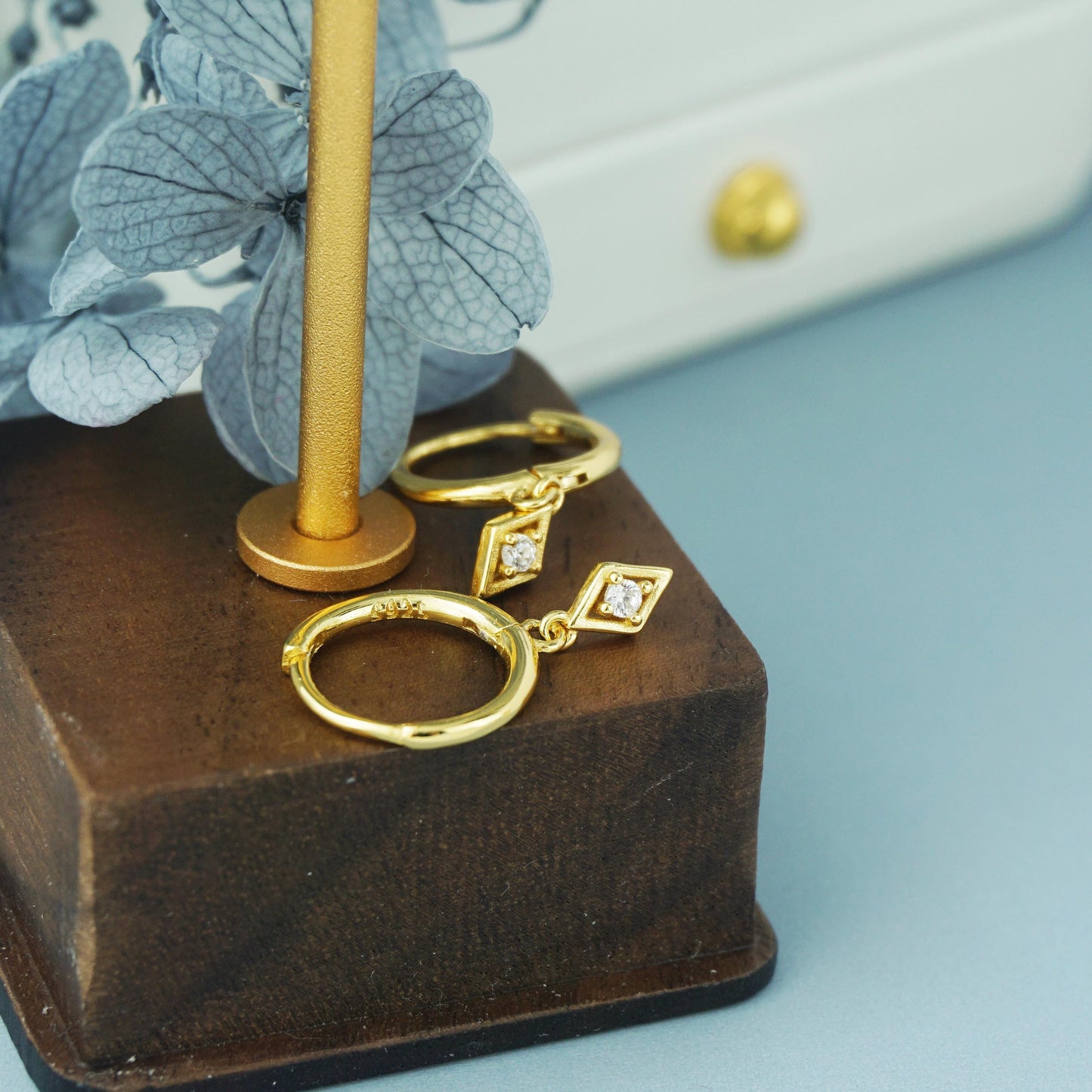 Pair of Tiny Dangle Diamond Shaped Charm CZ Huggie Hoop Earrings in 925 Sterling Silver or Plated Gold