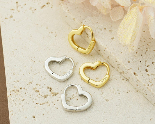 Pair of Minimal Love Heart Huggie Hoop Earrings in Sterling Silver / 18ct Plated Gold