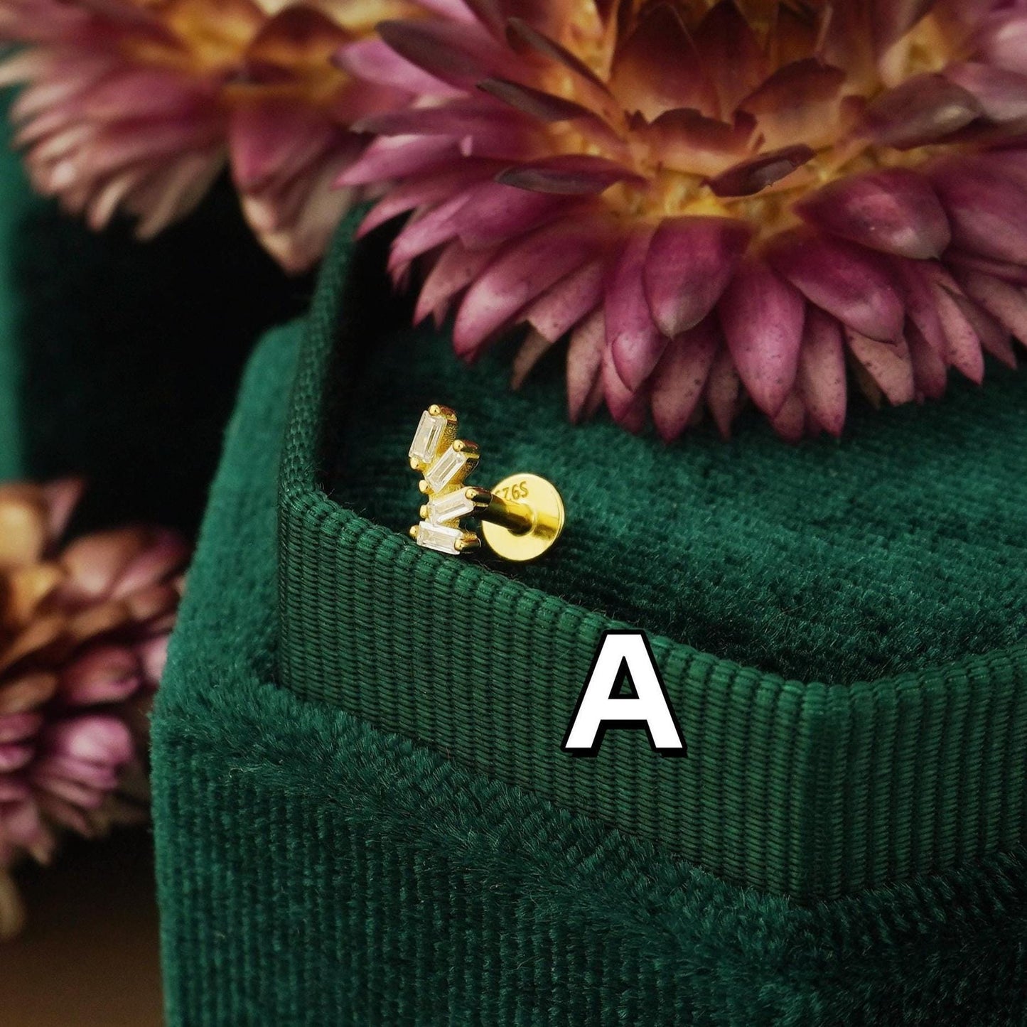 1 pc of CZ / Fire Opal Stud Earring in Gold Plated over Sterling Silver, Tiny Baguette / Marquise / Moon Design, 6mm or 8mm Post