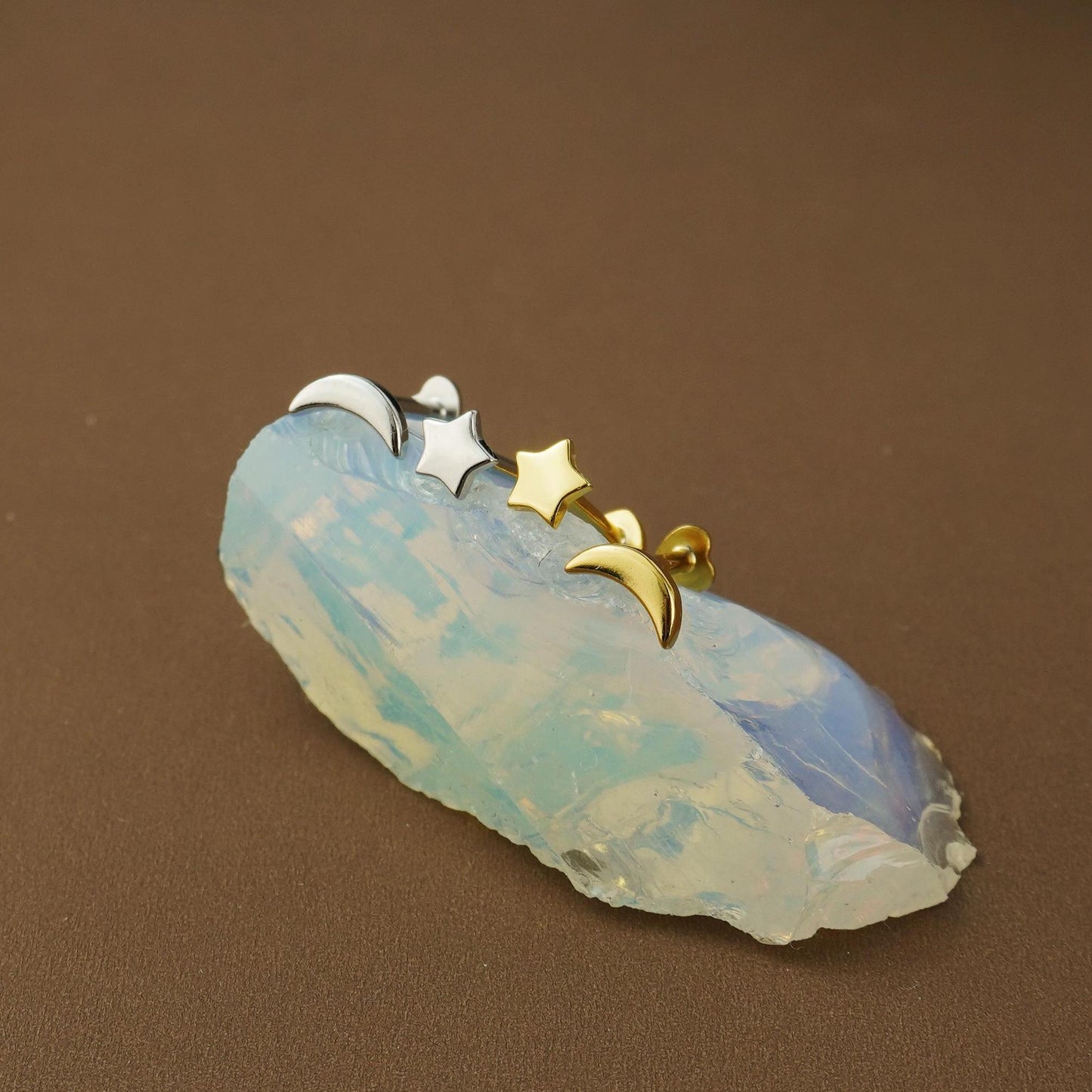 Pair of Sterling Silver Tiny Crescent Moon & Star Stud Earrings in Silver or Plated Gold