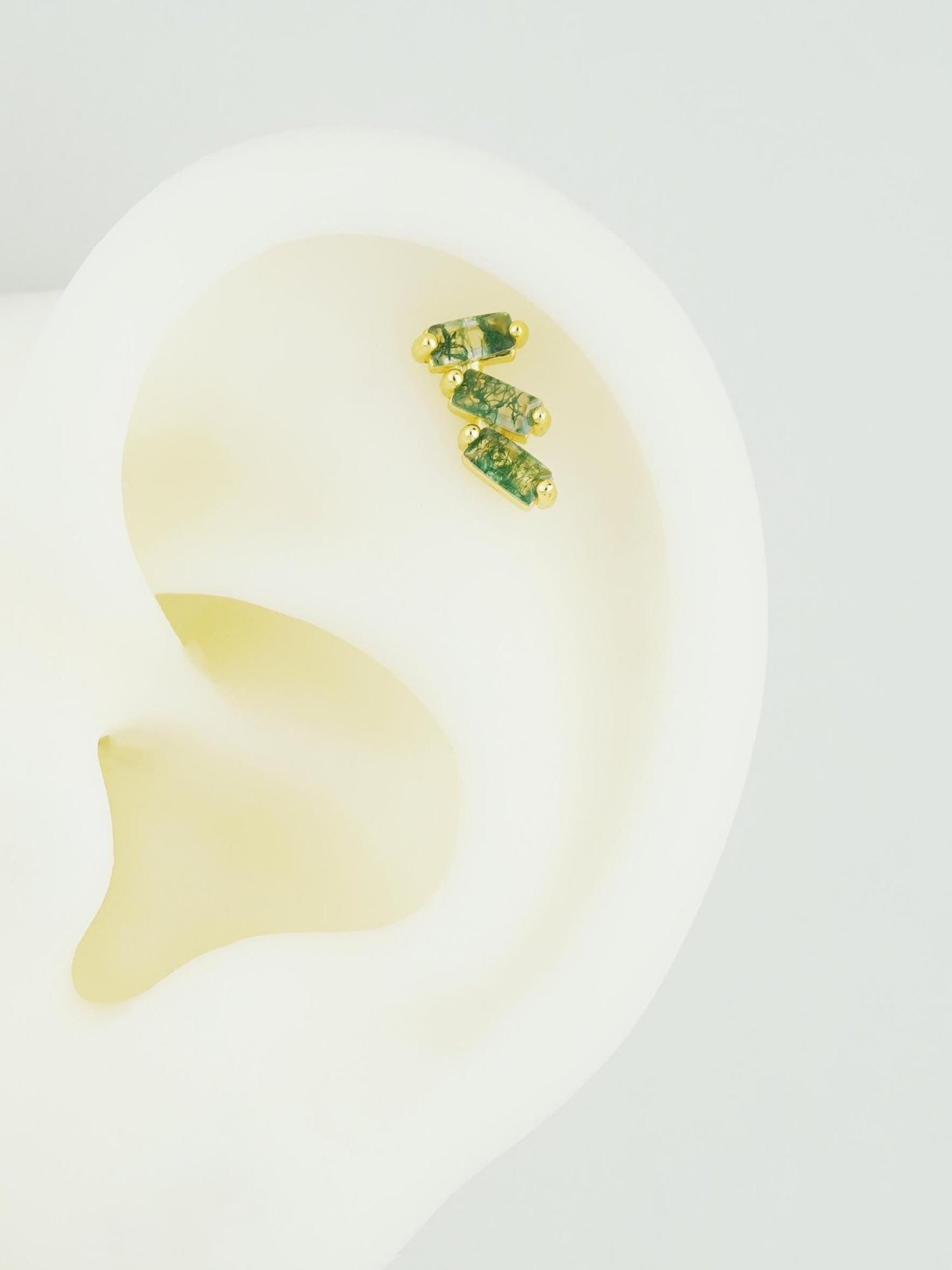 1 pc of Natural Green Moss Agate Triple Baguette Flat Back Stud Earring in Gold Plated over Sterling Silver