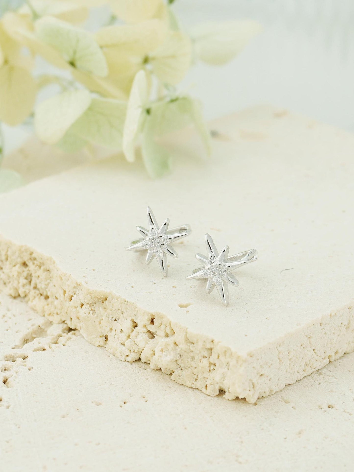 Pair of Tiny Starburst Huggie Hoop Earrings in Sterling Silver or Plated Gold, Sunburst CZ Crystal Cartilage Piercing