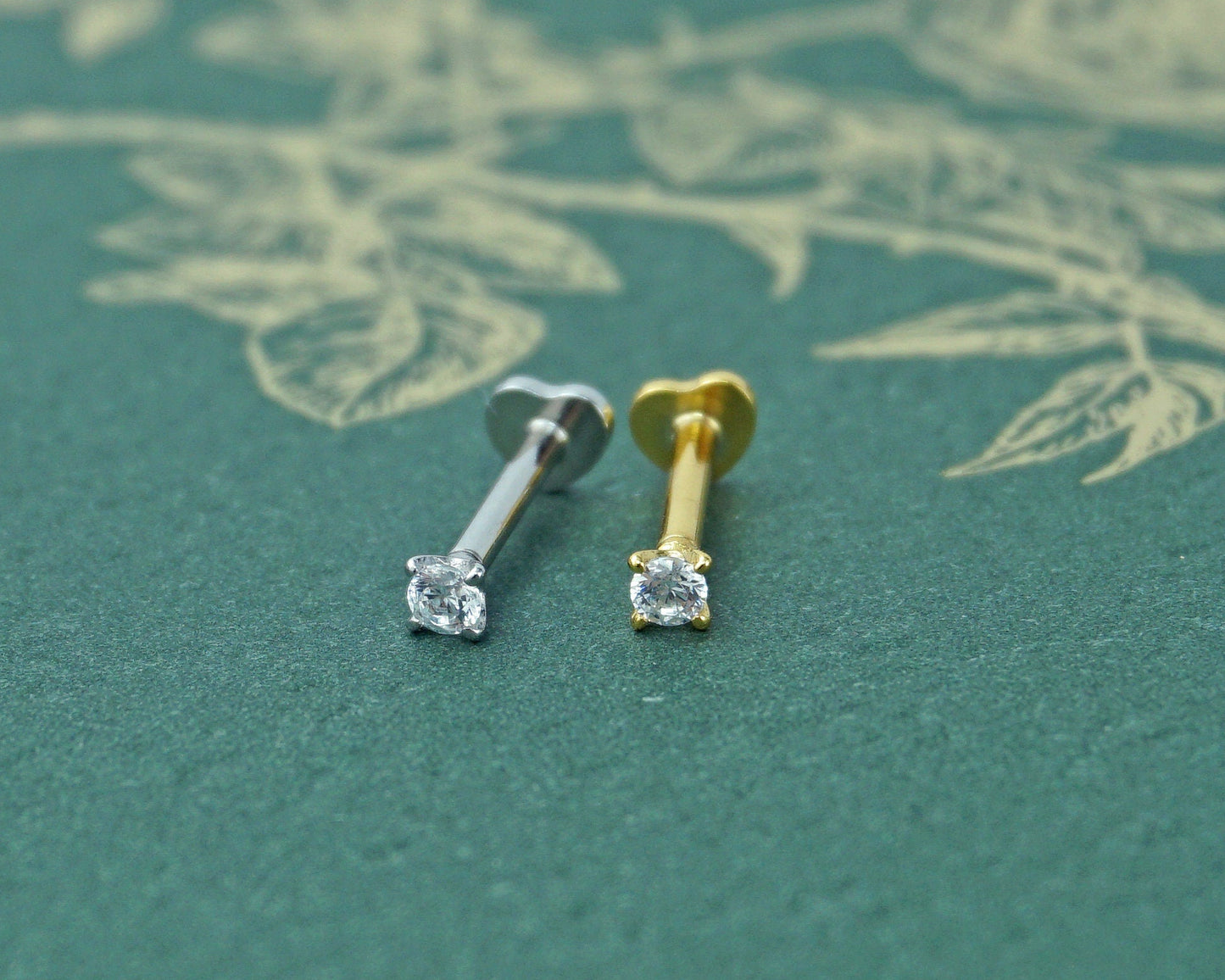 1 pc of Tiny 2mm CZ Crystal Dot Stud Earring with Heart Shape Flat Back in Sterling Silver or Plated Gold