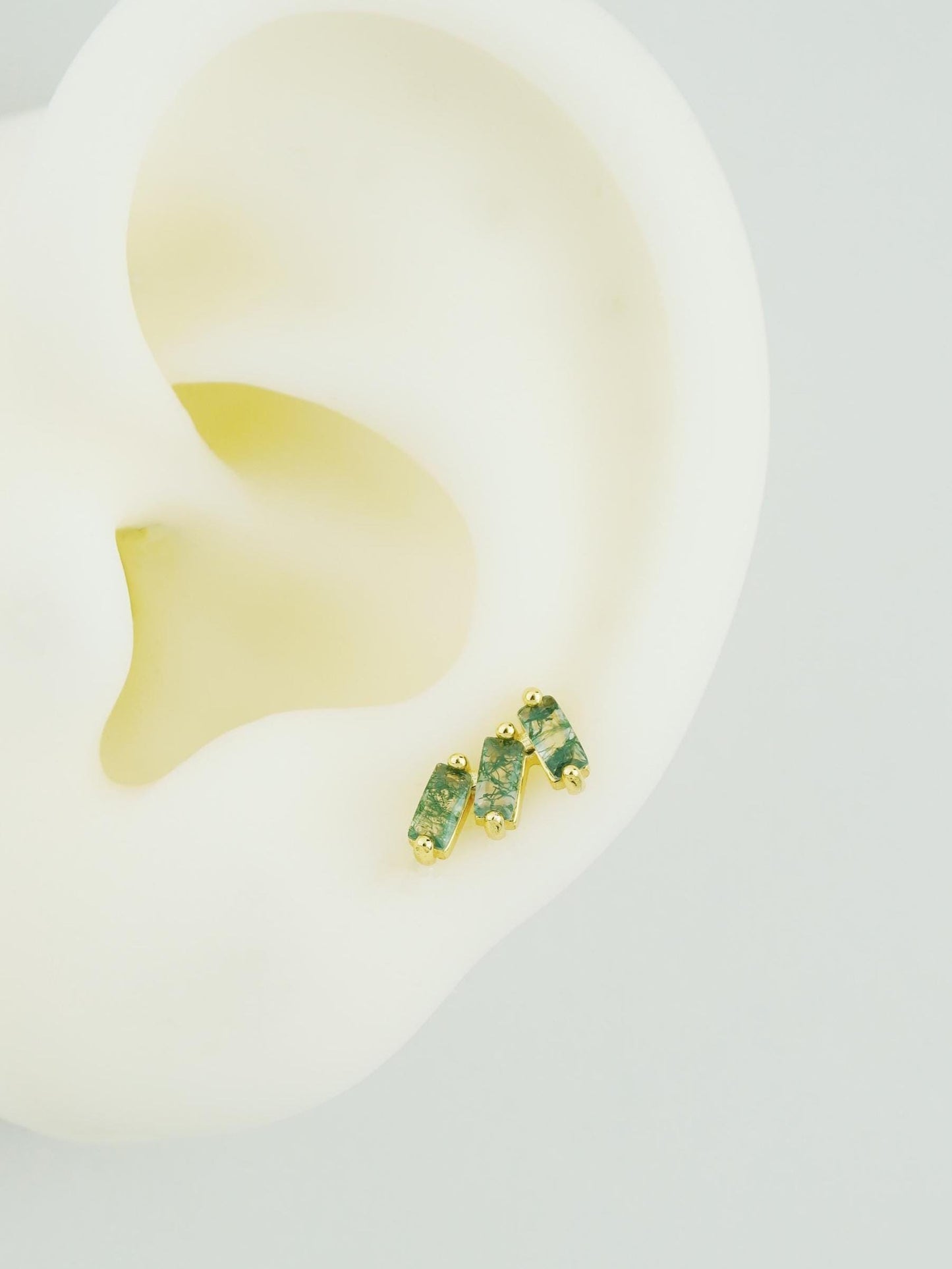 1 pc of Natural Green Moss Agate Triple Baguette Flat Back Stud Earring in Gold Plated over Sterling Silver