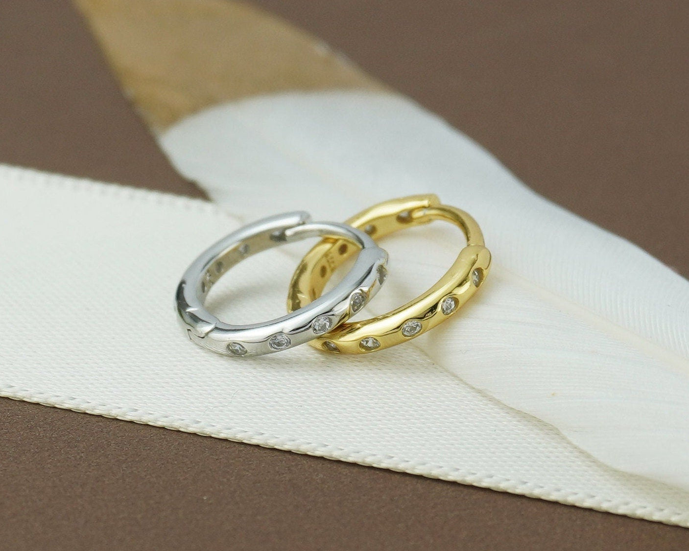 Pair of Sterling Silver Skinny Huggie Hoop Earrings with Smooth Round Edge, 3 Size, Gold or Rhodium Plated, Front & Back CZ