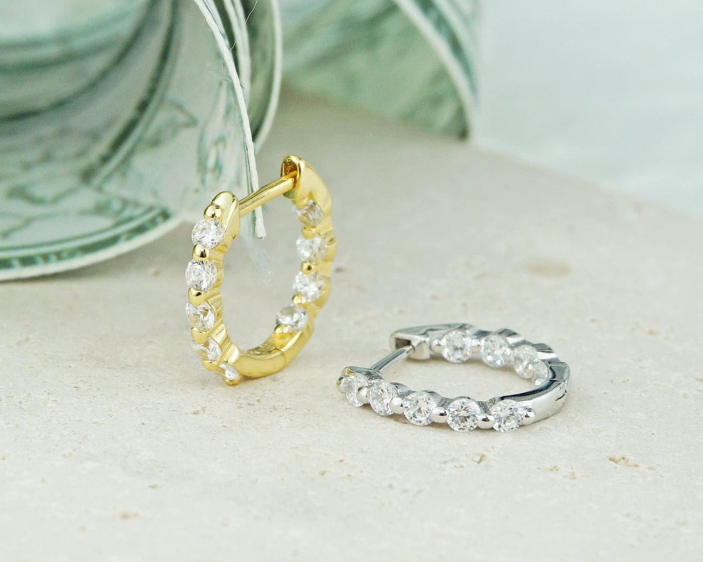 Pair of Sterling Silver Inside Out CZ Gemstone Huggie Hoop Earrings in Rhodium or 18ct Gold Plated