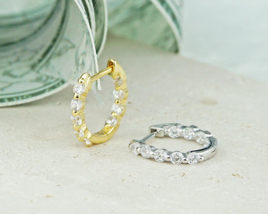 Pair of Sterling Silver Inside Out CZ Gemstone Huggie Hoop Earrings in Rhodium or 18ct Gold Plated