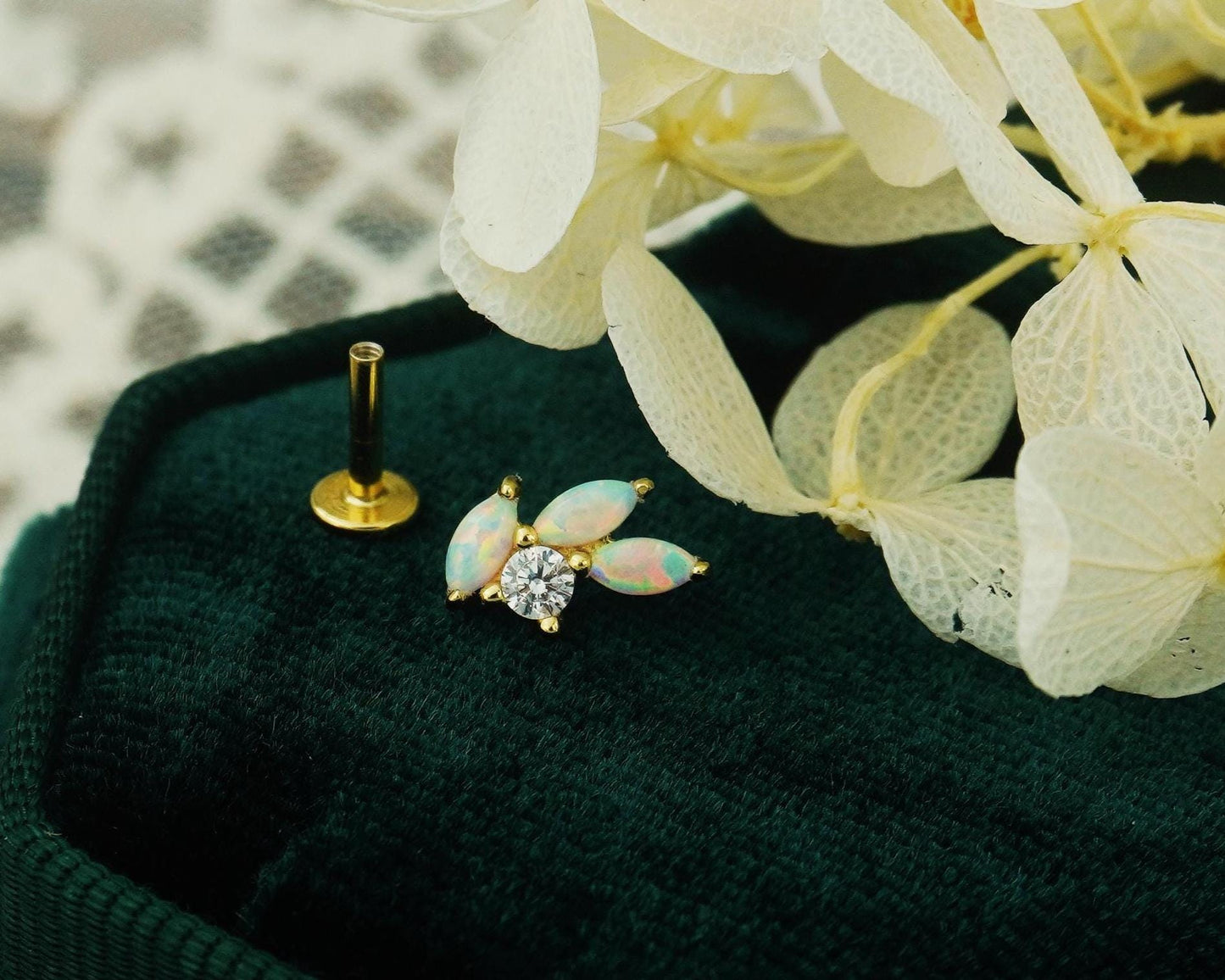 1 pc of Fire Opal Marquise Leaf & CZ Stud Earring in Gold Plated over Sterling Silver