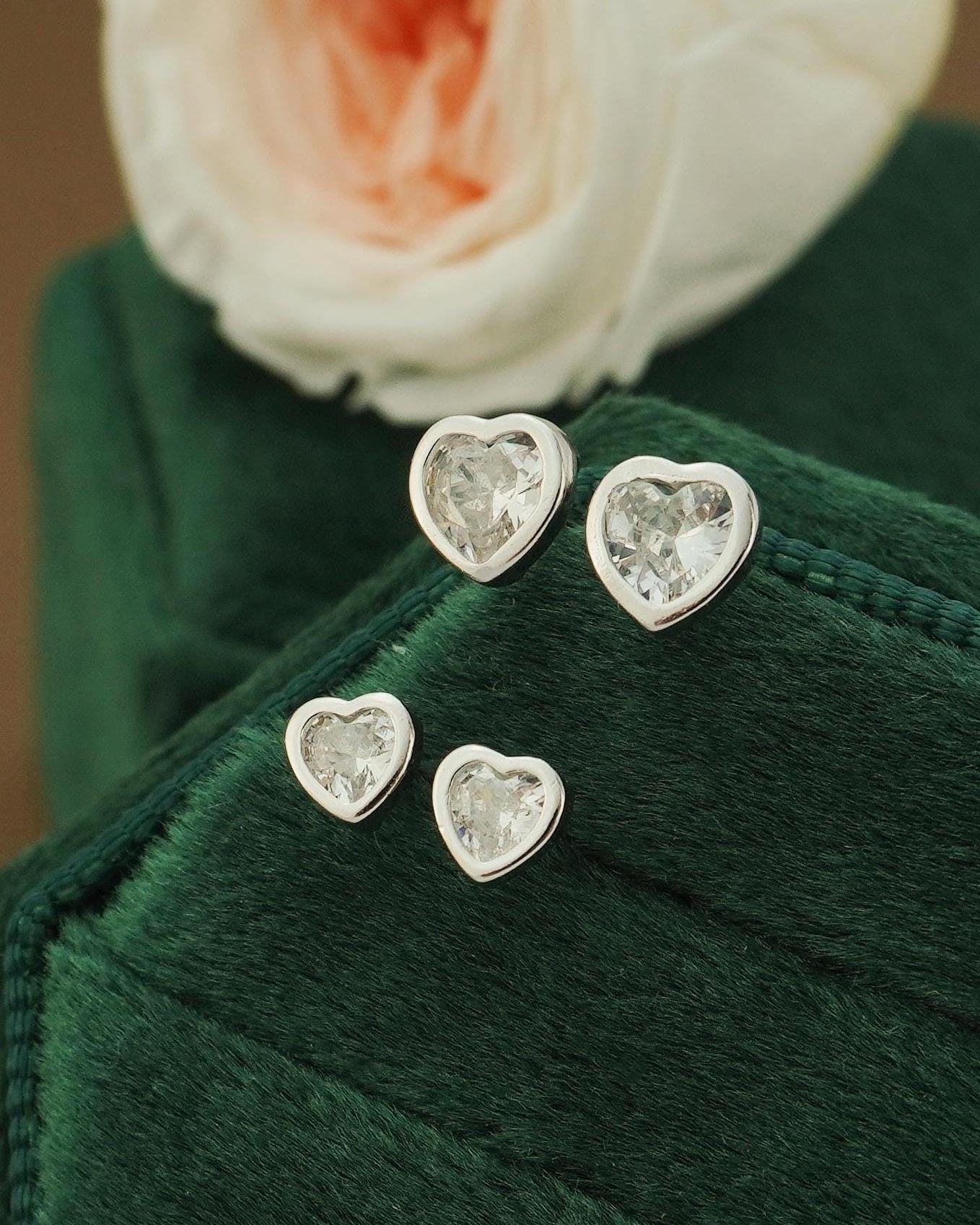 Pair of Tiny CZ Heart Sterling Silver Stud Earrings in Rhodium, 14ct Gold or Rose Gold Plated, 2 Sizes Simple Stacking Earlobe Jewelry