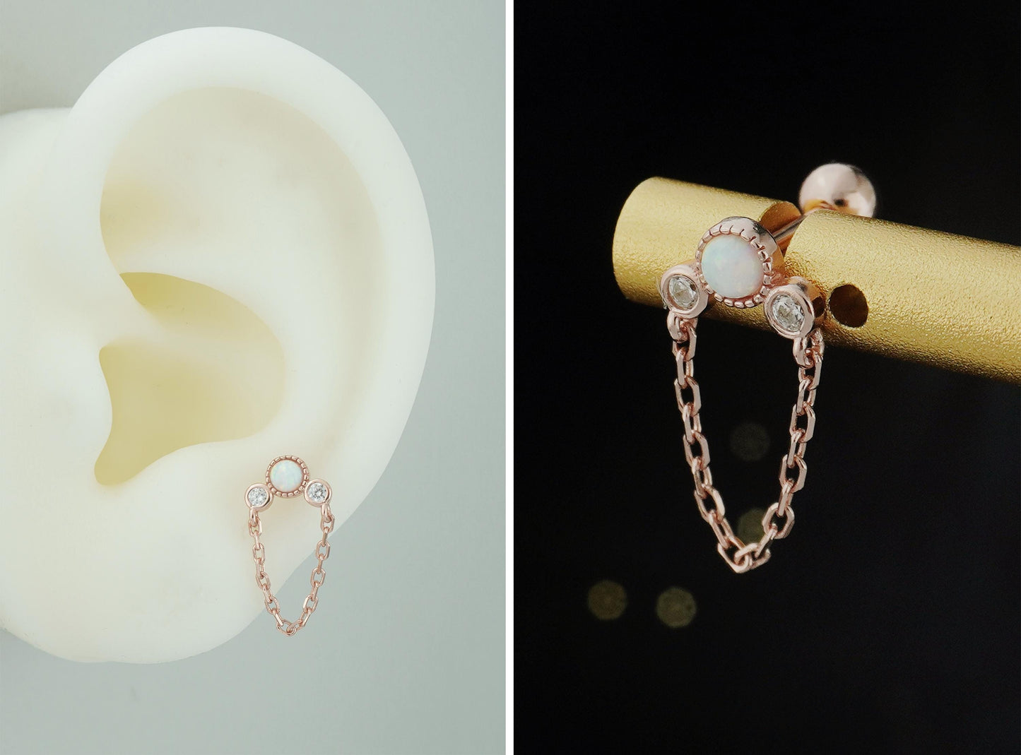 1 pc of Opal & CZ Stud Earring with Chain in Sterling Silver, Rose Gold or 18ct Gold Plated, Opulent Trio Gem