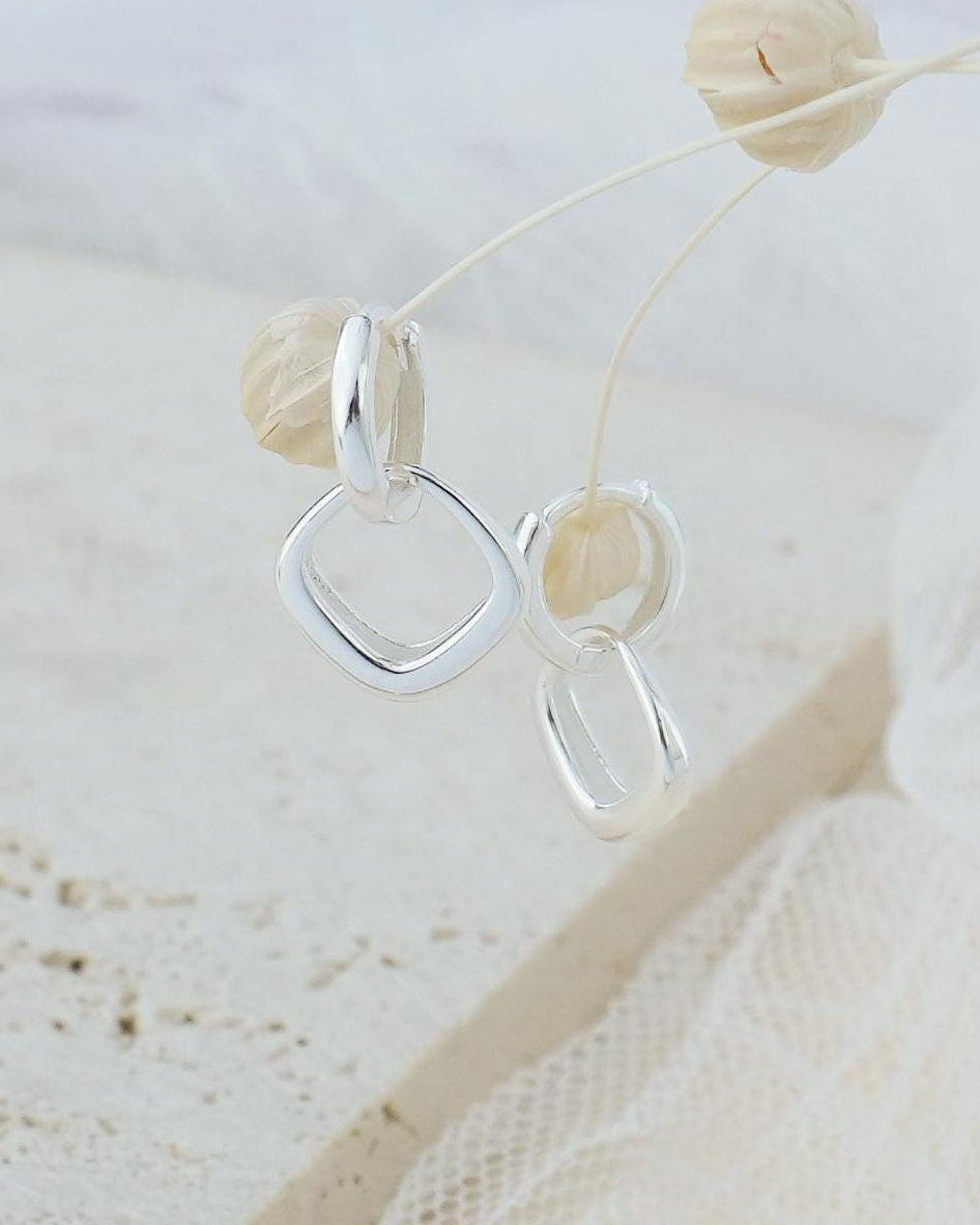 Pair of Minimal Double Hoop Huggie Earrings in Sterling Silver or Plated Gold, Dangly Linked Square Design