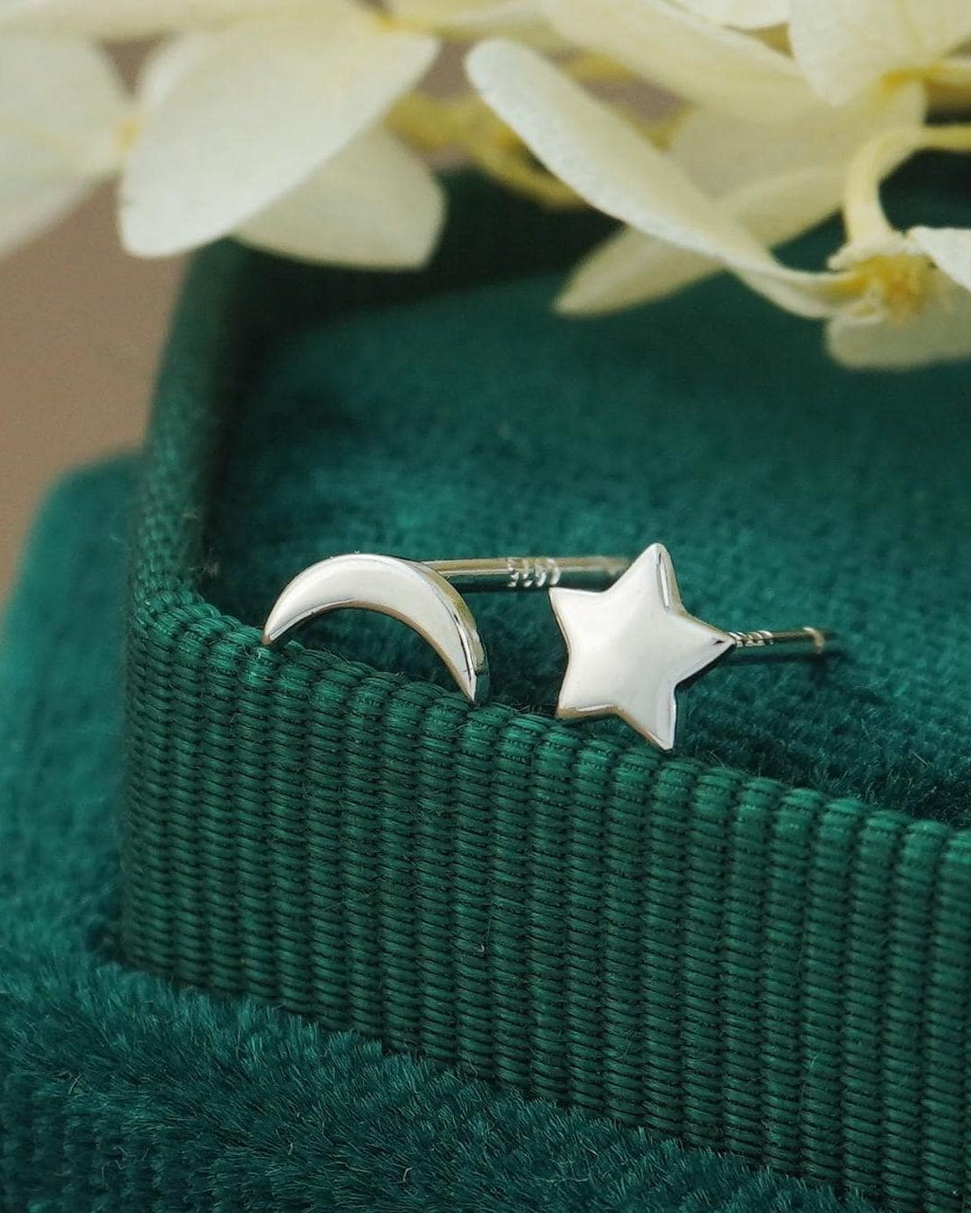Pair of Sterling Silver Tiny Crescent Moon & Star Stud Earrings in Rhodium or 18ct Gold Plated, Mismatched Asymmetric Design