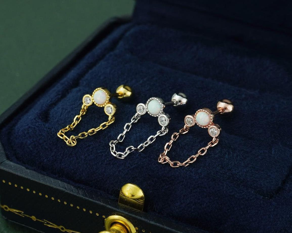 1 pc of Opal & CZ Stud Earring with Chain in Sterling Silver, Rose Gold or 18ct Gold Plated, Opulent Trio Gem