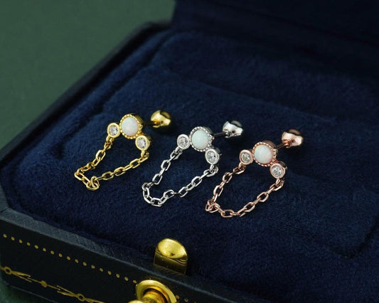 1 pc of Opal & CZ Stud Earring with Chain in Sterling Silver, Rose Gold or 18ct Gold Plated, Opulent Trio Gem