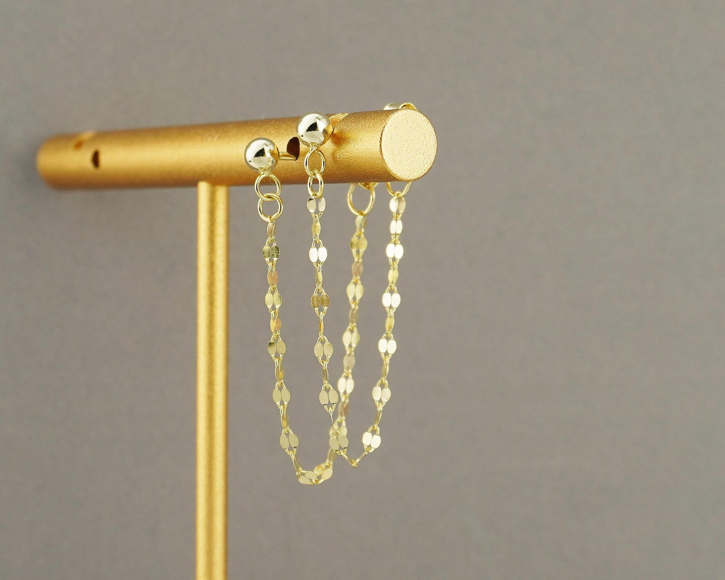 Pair of Flat Sequin Lace Chain Stud Earrings in 18ct Gold Plated over Sterling Silver, Front & Back Minimal Lip Chain Ear Jacket