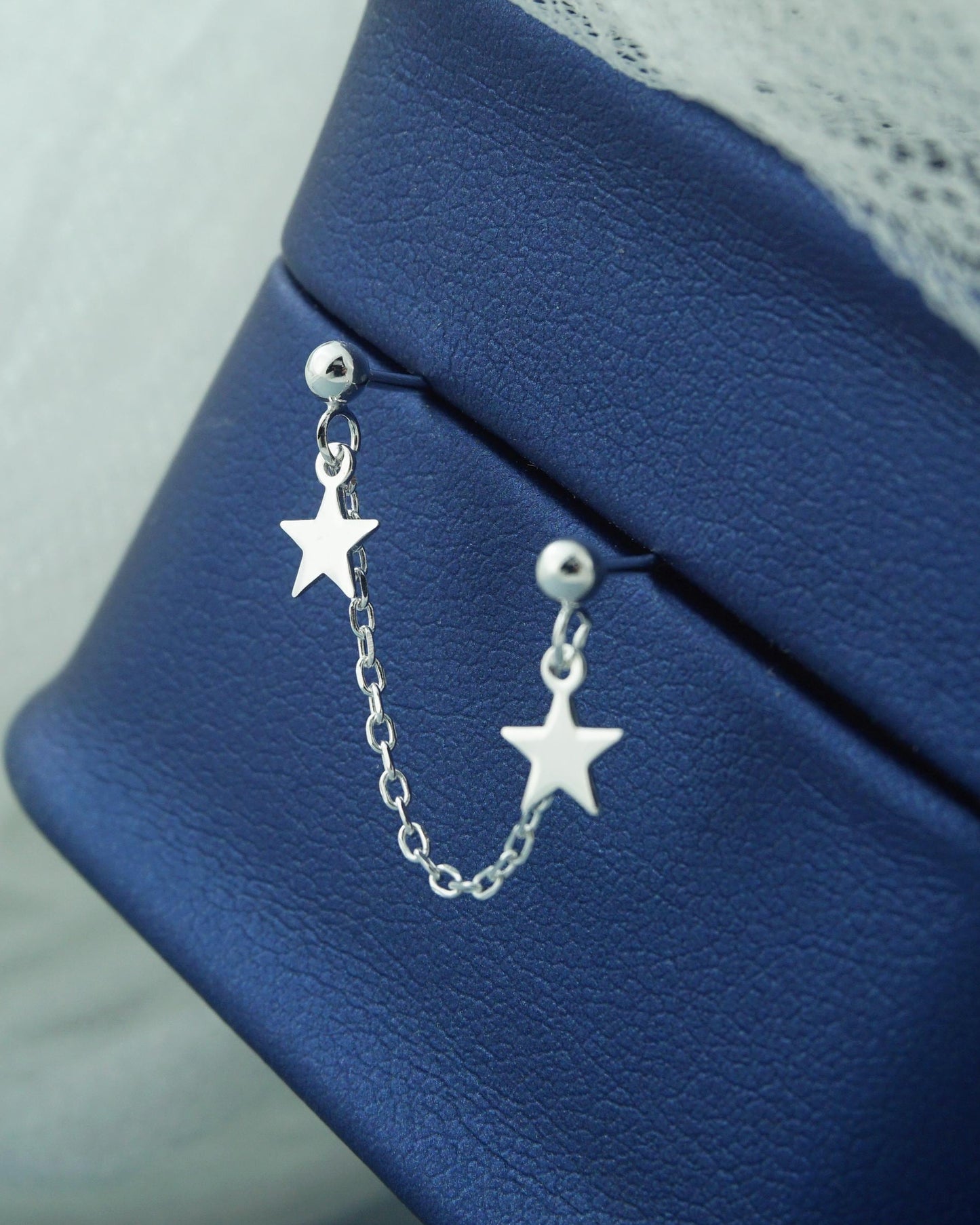 Pair of Double Stellar Stud Earrings in Sterling Silver, Dangly Celestial Twin Stars on Chain