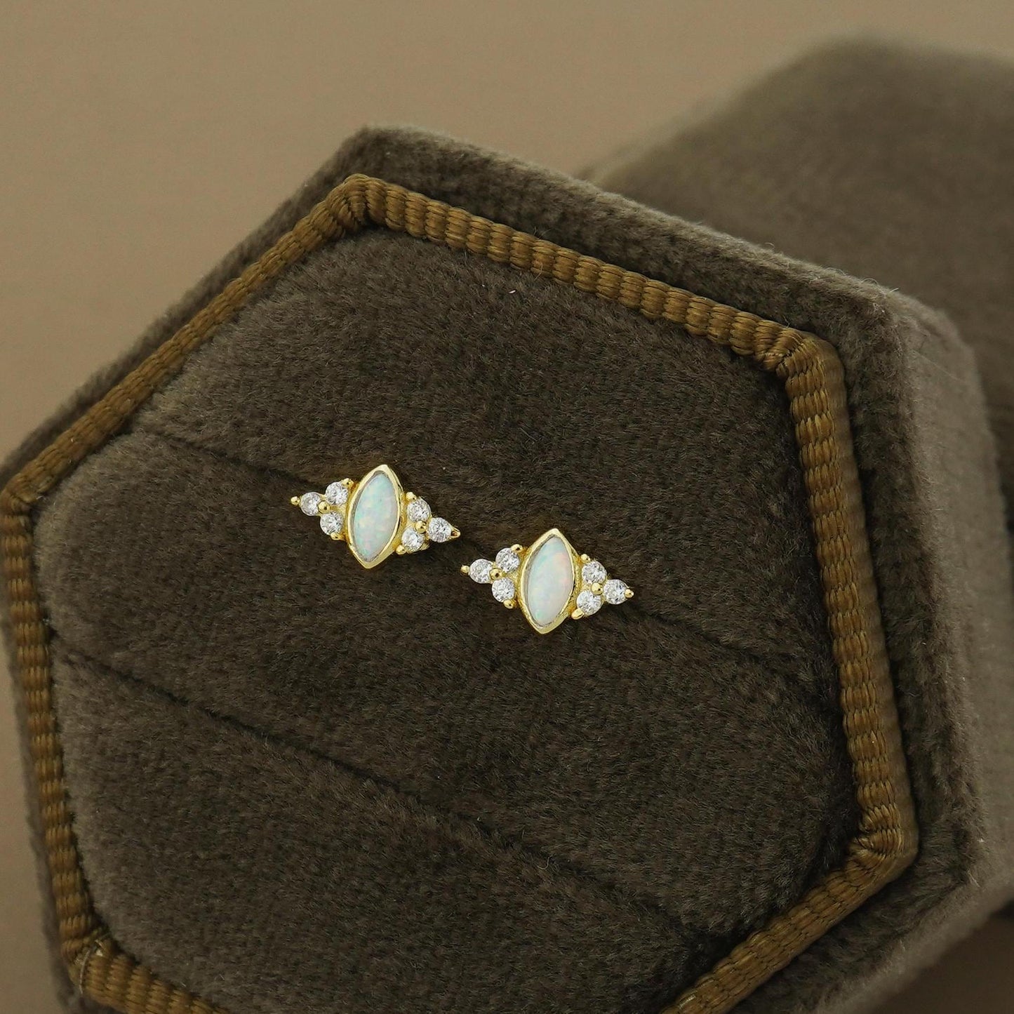 1 pc of Marquise Opal Stud Earring with Sparkly CZ Gem in 18ct Gold Plated over Sterling Silver, Lobe Tragus Cartilage Piercing Jewelry