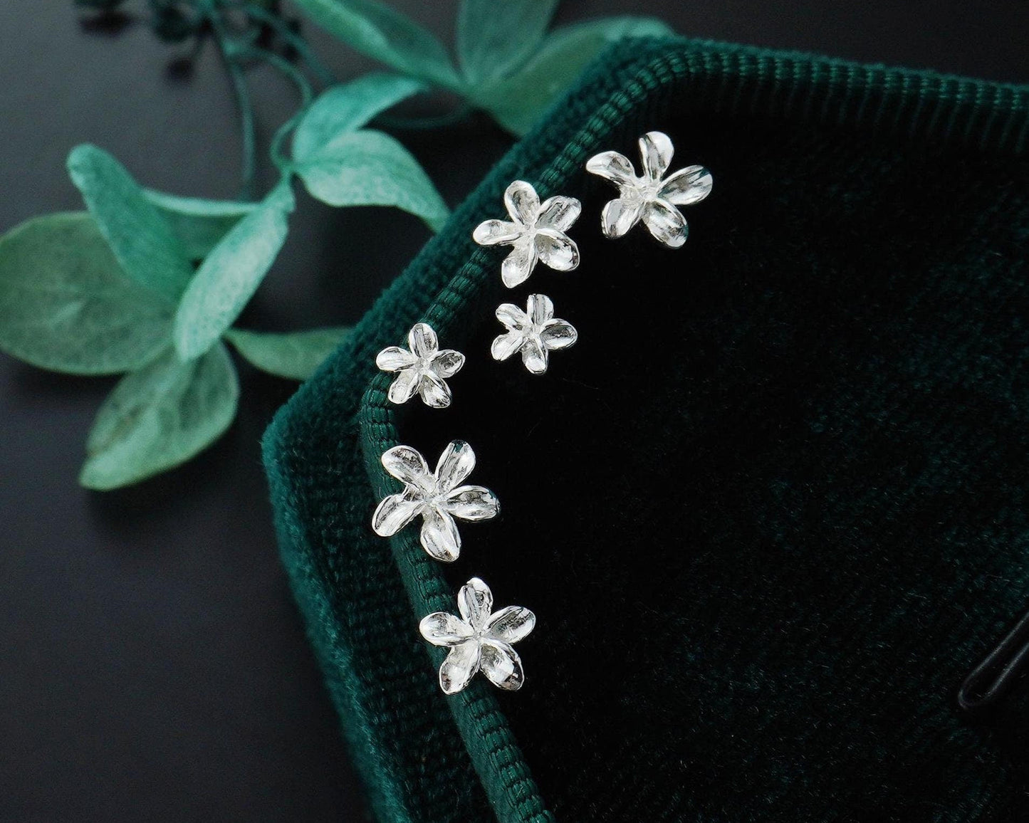 Pair of Tiny Plumeria Flower Stud Earrings in Sterling Silver, 3 Sizes Available