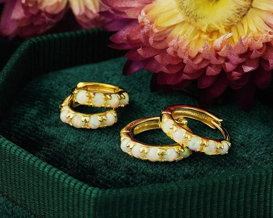 Elegant Opal Gemstone Huggie Hoop Earring in 2 Sizes, Sterling Silver Plated with 18ct Gold