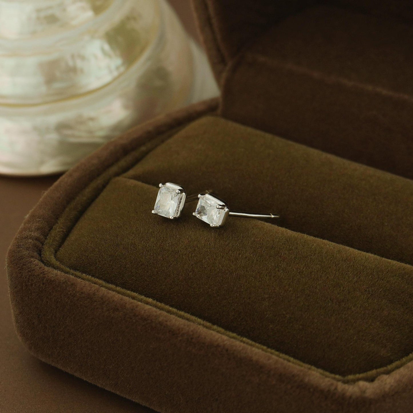 Pair of Emerald-Cut CZ Stud Earrings in Sterling Silver or Gold Plated, Sparkly Rectangle Crystal Stone