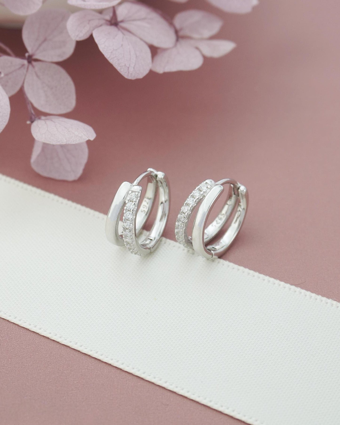 Pair of Duo Asymmetric Ring Huggie Hoop Earrings in S925 Sterling Silver or 18ct Plated Gold