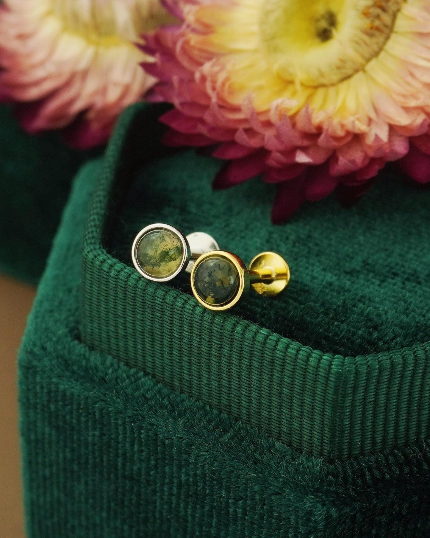 1 pc of Natural Green Moss Agate Cabochon Flat Back Stud Earring in Sterling Silver or Plated Gold, Dainty 5mm Bezel Ear Jewelry