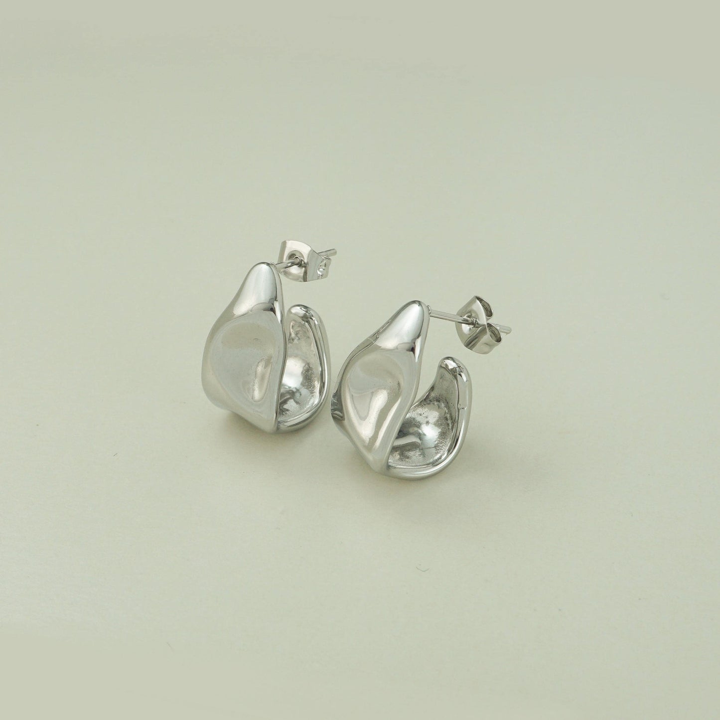 Pair of Stainless Steel Molten Chunk Melted Half Hoop Twisted Stud Earrings in Steel or Golden Finishes