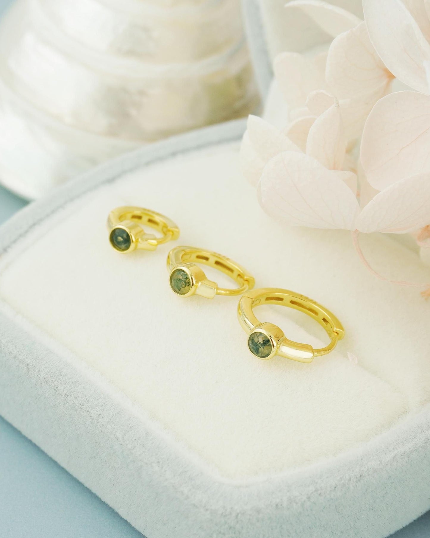 1 pc of Natural Moss Agate Huggie Hoop Earring in Gold Plated over Sterling Silver, Dainty 4mm Bezel Stone in 3 Loop Sizes