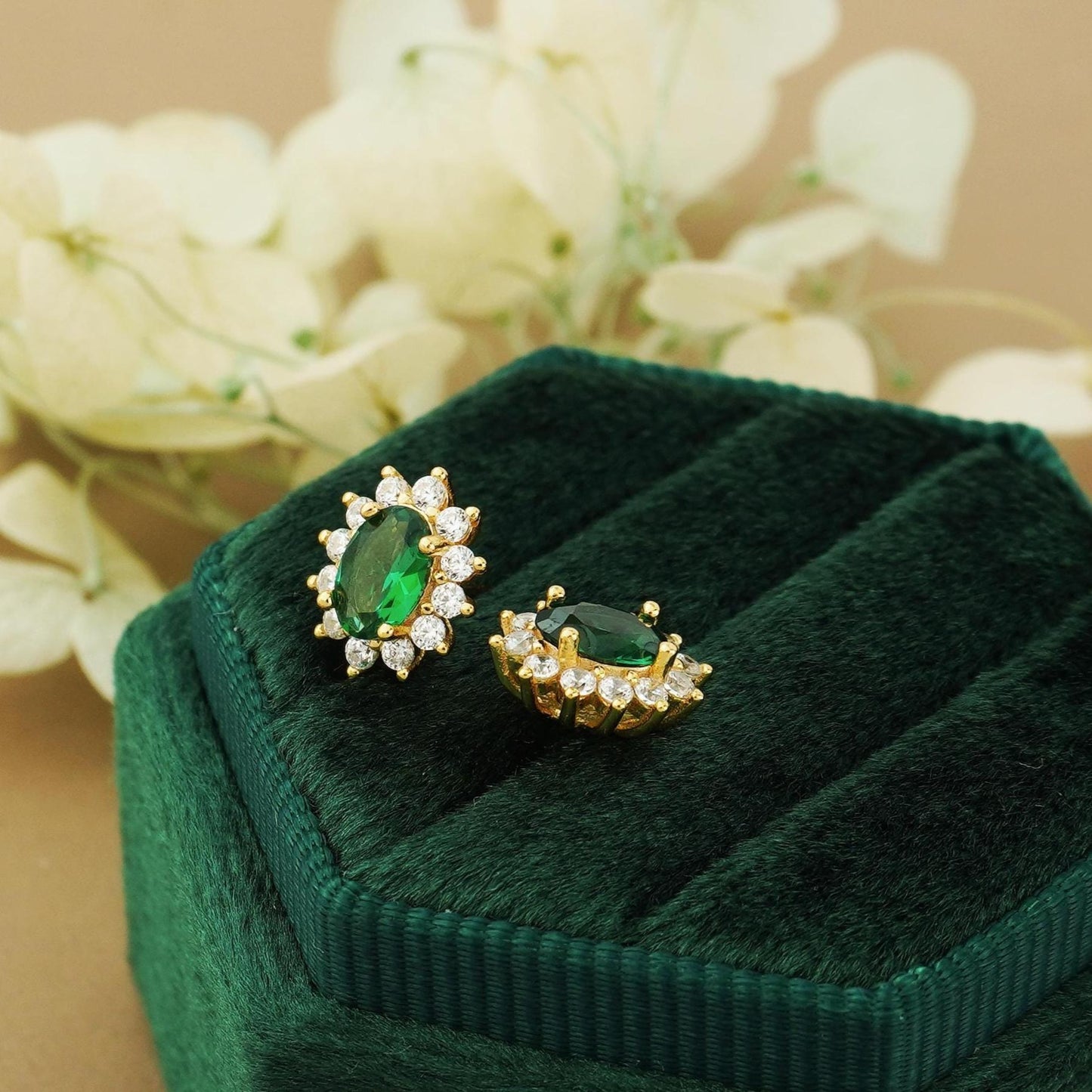 Pair of Halo Oval Emerald Green CZ Stud Earring in 14ct Gold Plated over Sterling Silver