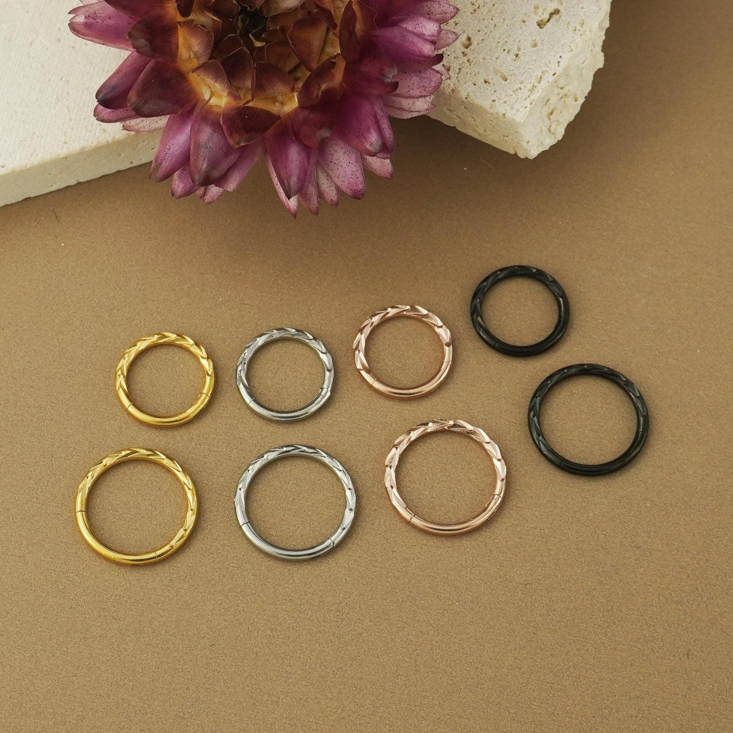 1 pc of 16G Hinged Stainless Steel Wheat Daith Earring Hoop, 4 Finishes, Arrow Helix Cartilage Clicker, Front-Facing Chevron Cut Septum Nose Ring